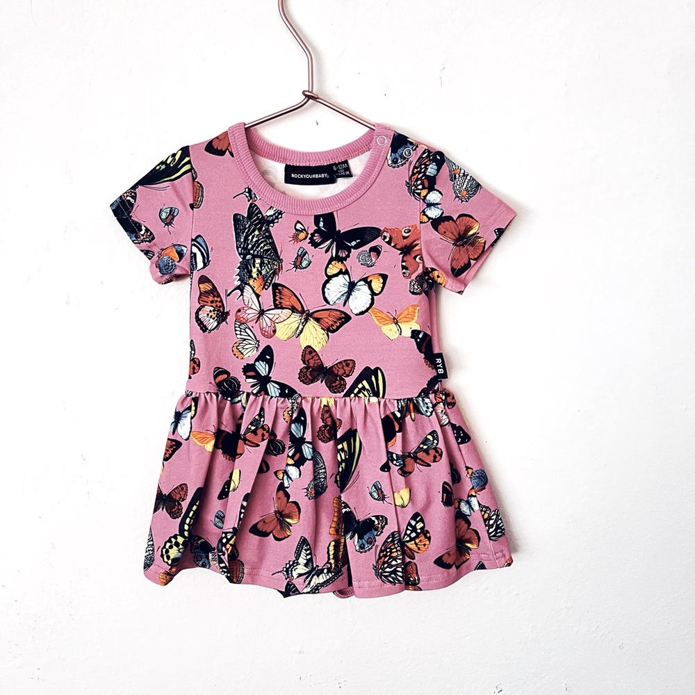 Rockyourkid pink butterfly dress size 6-12M material jersey